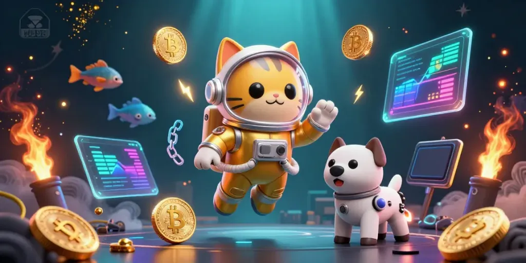 The MU88 casino themed illustration showcases an astronaut cat and robot dog amidst glowing crypto coins and vibrant cosmic elements.