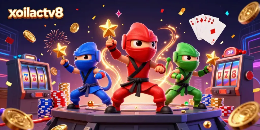 Experience thrilling action with the xoilactv8 ninja chameleons celebrating wins in a vibrant casino atmosphere.