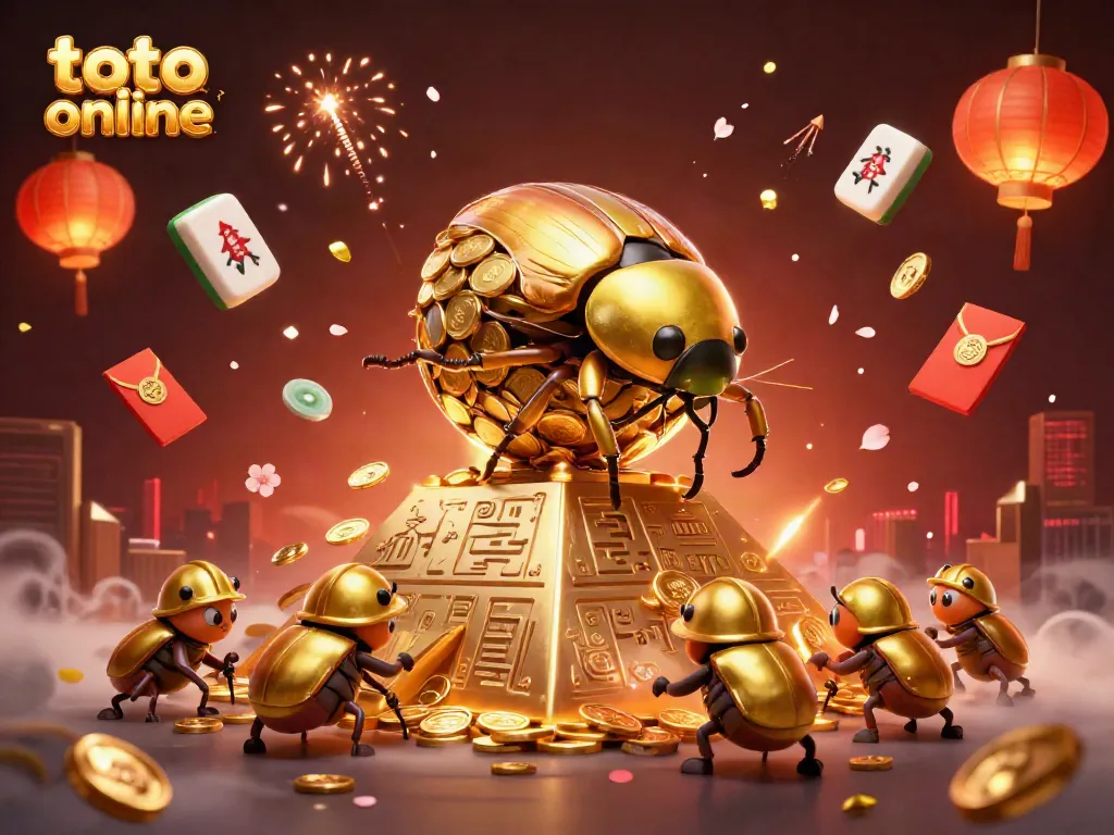 Engage with toto online gaming featuring an illustrated scene of a golden dung beetle and casino symbols.