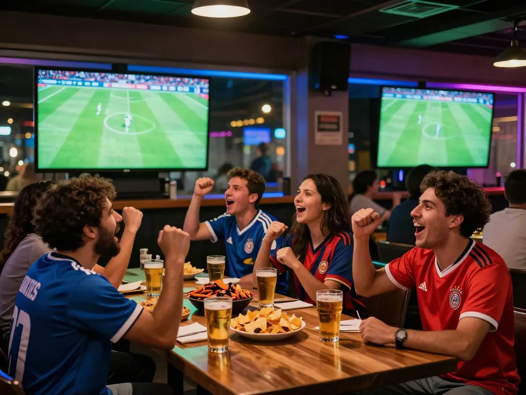 Fans enjoying the soccer match at Socolive in a lively sports bar atmosphere.