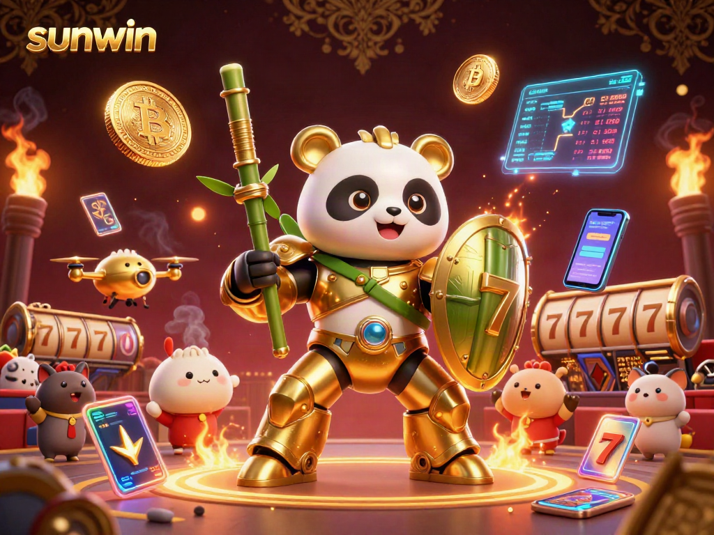 Experience thrilling wins with sunwin's animated golden panda robot and vibrant casino elements.
