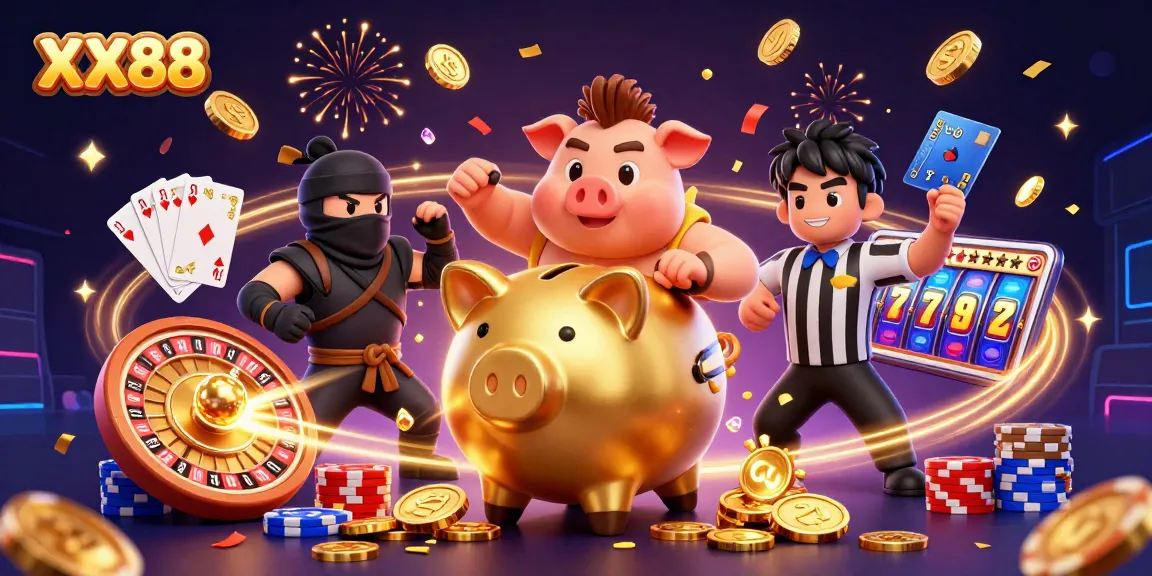 Experience the thrilling action of XX88 with a dynamic 3D illustration showcasing a golden piggy bank leveled against opponents.