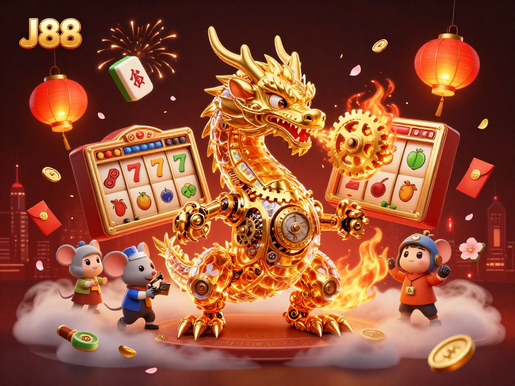 Engage with J88's thrilling gaming universe featuring a golden dragon and magical elements.