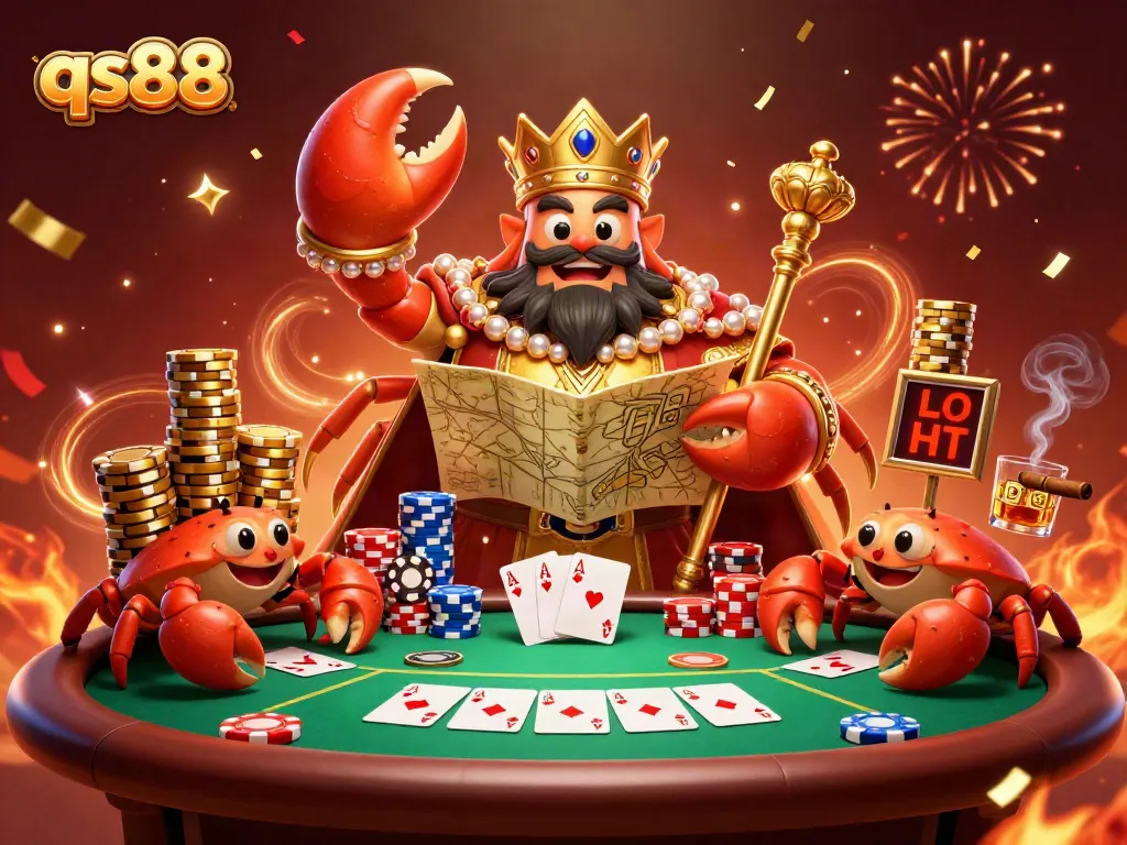 Experience qs88 excitement with the golden crab emperor leading a vibrant casino scene.