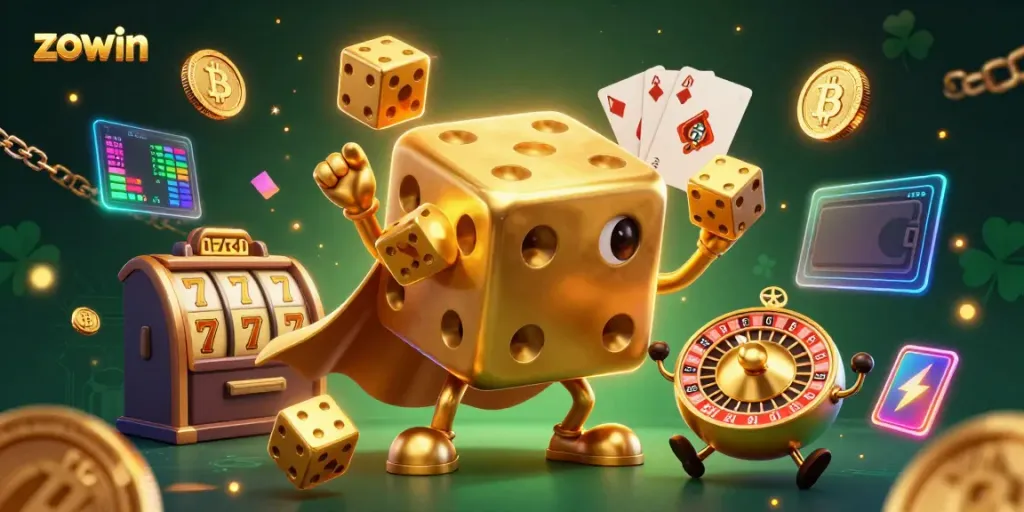 Zowin themed illustration showcasing dynamic casino elements and a golden dice golem juggling dice in a vibrant scene.