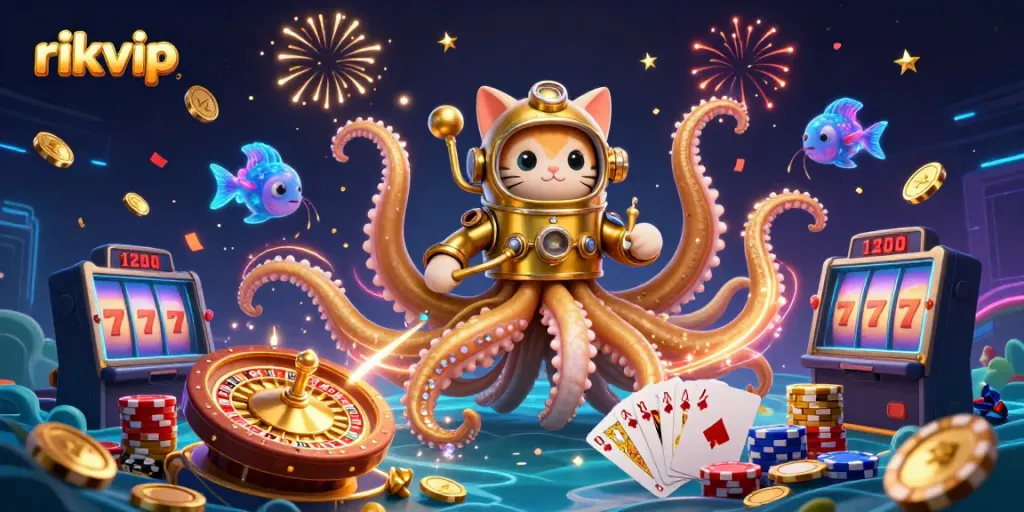 Experience the thrill of winning at rikvip with a vibrant 3D casino scene filled with colorful characters and rich elements.