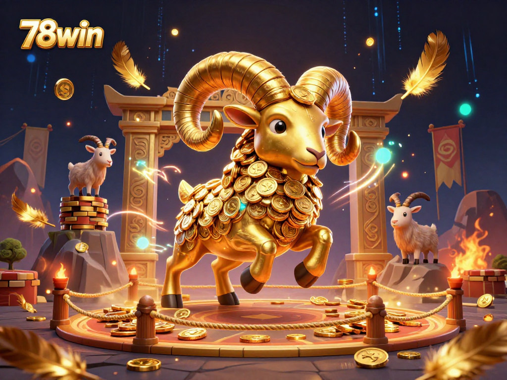 Experience the excitement of 78win's gaming arena with a majestic golden ram amidst swirling golden feathers and dynamic casino elements.