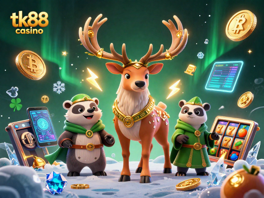 Experience the thrill with tk88 casino's vibrant 3D gaming illustration showcasing slot reels and crypto elements.