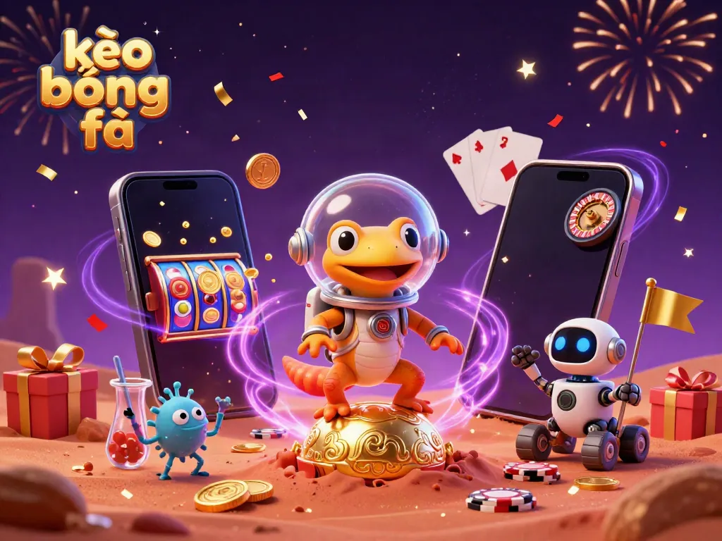 Experience kèo bóng đá at a vibrant 3D illustration showcasing a Martian gecko discovering a golden casino.