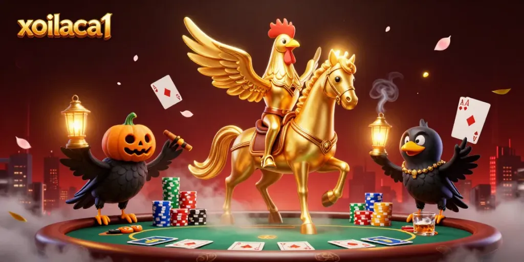 Engage with xoilaca1 at a thrilling midnight casino scene featuring a golden rooster and friends.