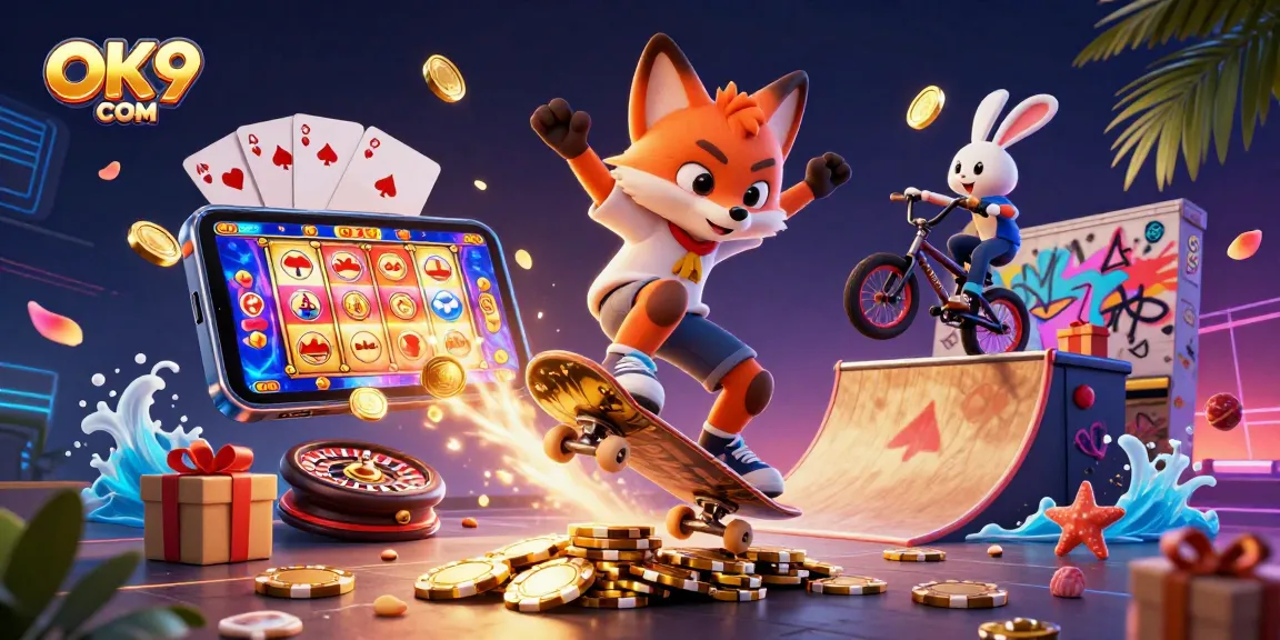 Engage in thrilling gaming action with OK9 COM on a vibrant 3D casino scene featuring playful characters and colorful games.