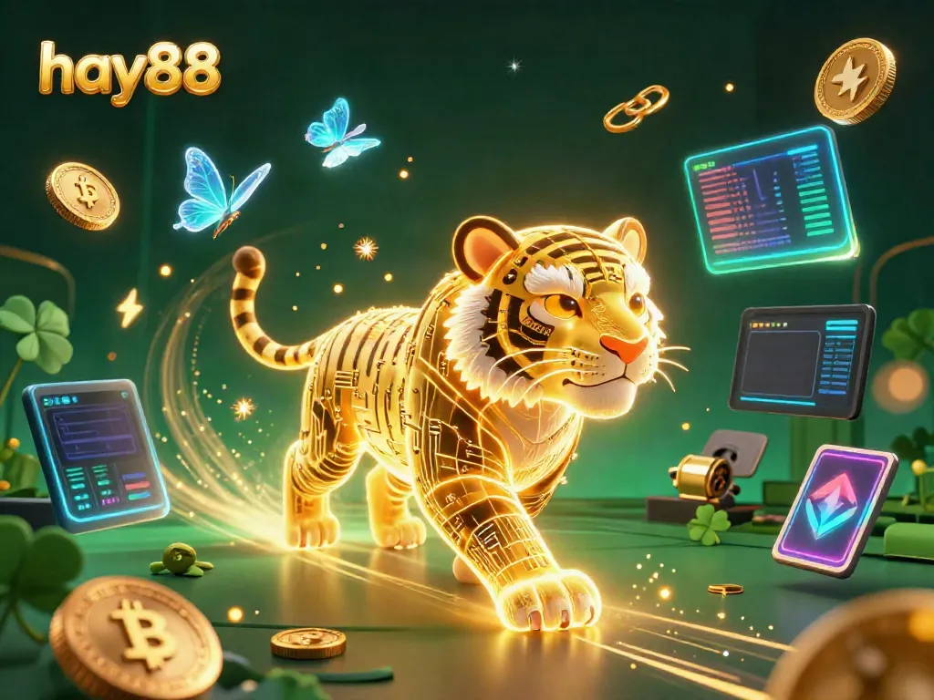 Experience the thrilling world of hay88 with a neon tiger in a digital casino landscape.
