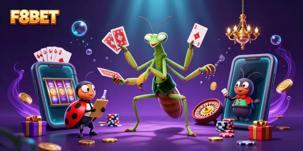 Engage with F8BET's thrilling casino scene featuring dynamic characters and exciting game elements.
