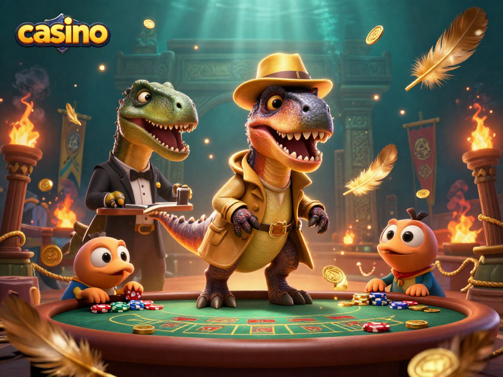 Casino showdown with a velociraptor in disguise, a stegosaurus pit boss, and a sneaky compy, illustrating high-stakes gameplay.
