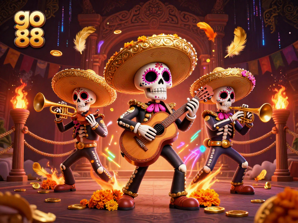 Experience thrilling action with go 88 as colorful mariachi skeletons play in a dynamic casino scene.