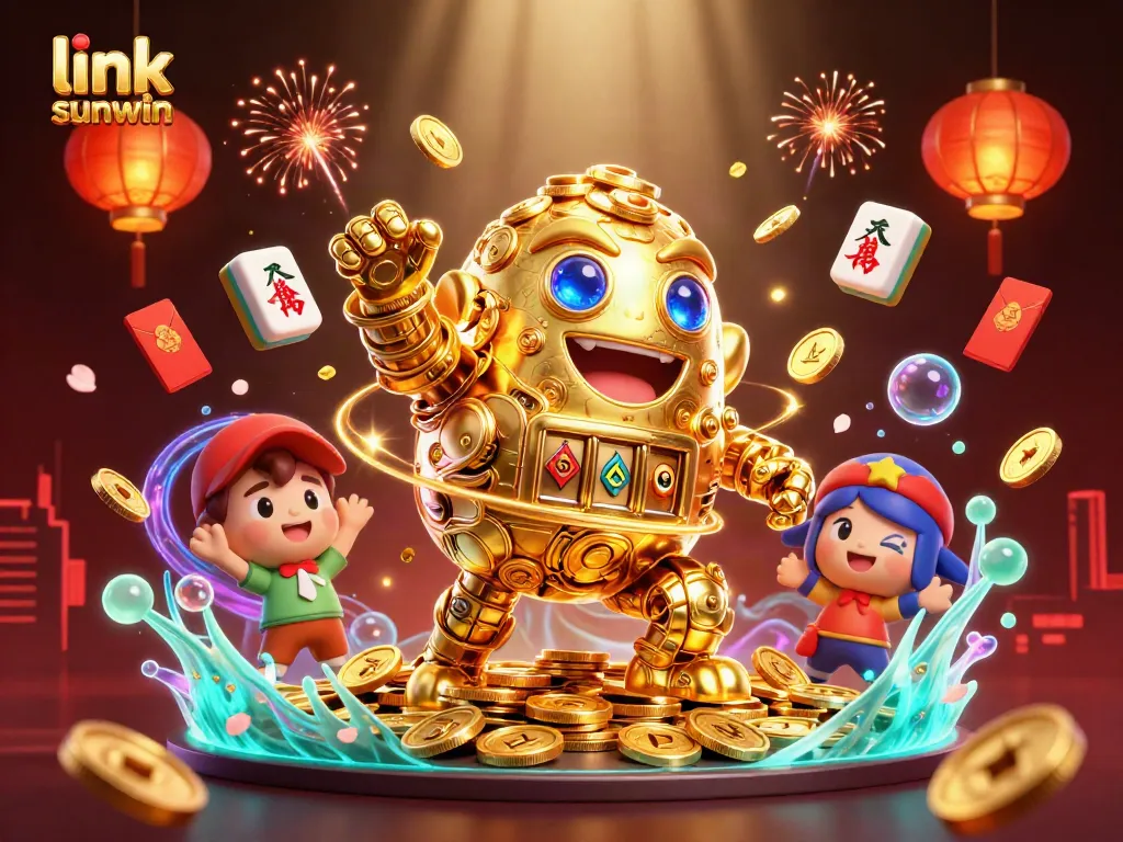 Join the excitement at link sunwin with a dynamic scene featuring a golden golem and festive game elements.