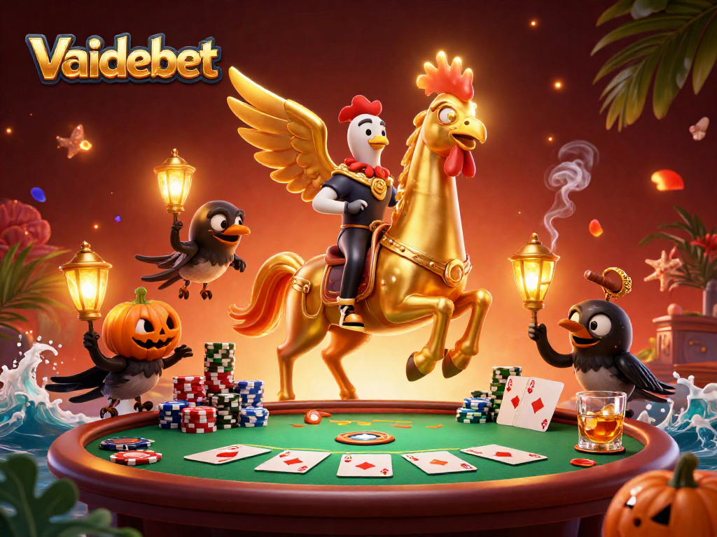 Experience Vaidebet's thrilling casino atmosphere with a golden rooster and crow companions.