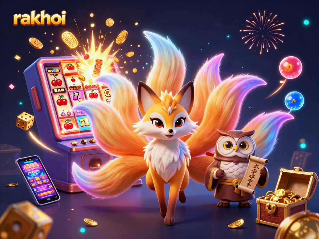 Engage with rakhoi's vibrant gaming scene featuring a nine-tailed fox and slot jackpot explosion