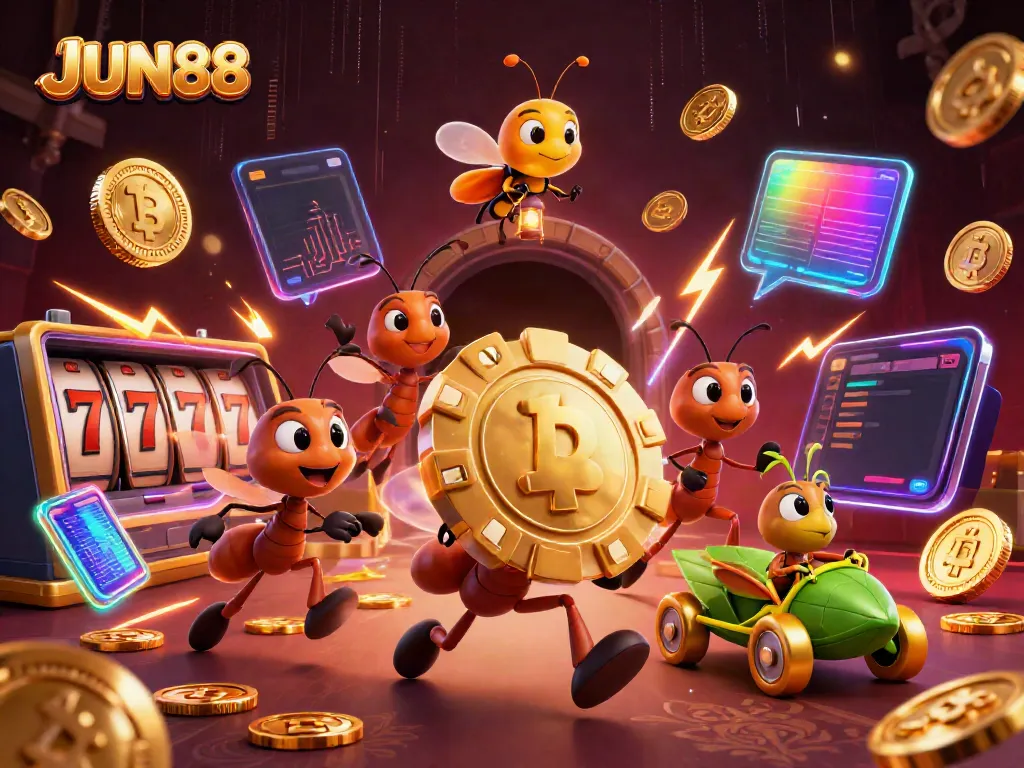 JUN88 ants heist with poker chip surrounded by crypto coins in a vibrant casino scene.