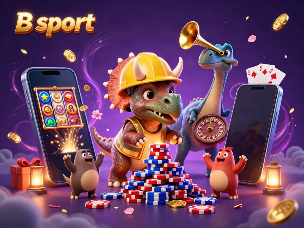 B sport features a vibrant scene with triceratops celebrating casino wins and dynamic gambling elements.