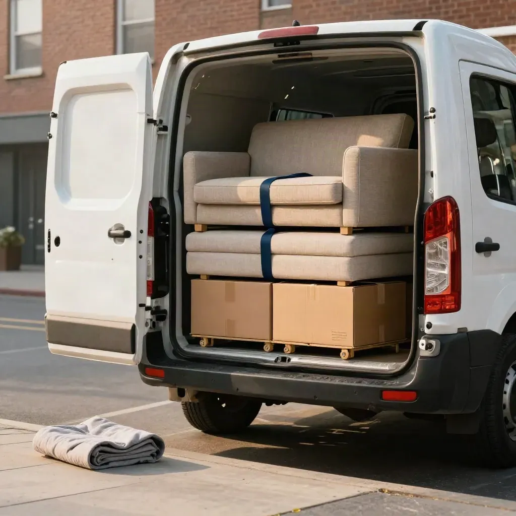 Loaded white van with sofa, dolly and strapped boxes at a morning curb.