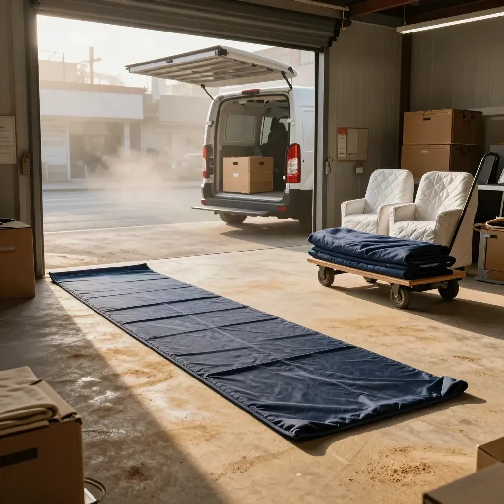Cleared shop with wrapped chairs, crates and a white van ready for move-out.