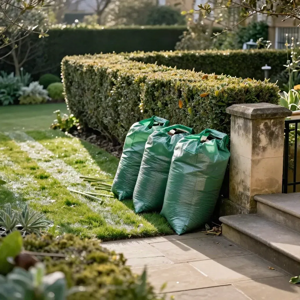 Neat garden with clipped hedges, striped lawn, and three green waste sacks by a stone wall.