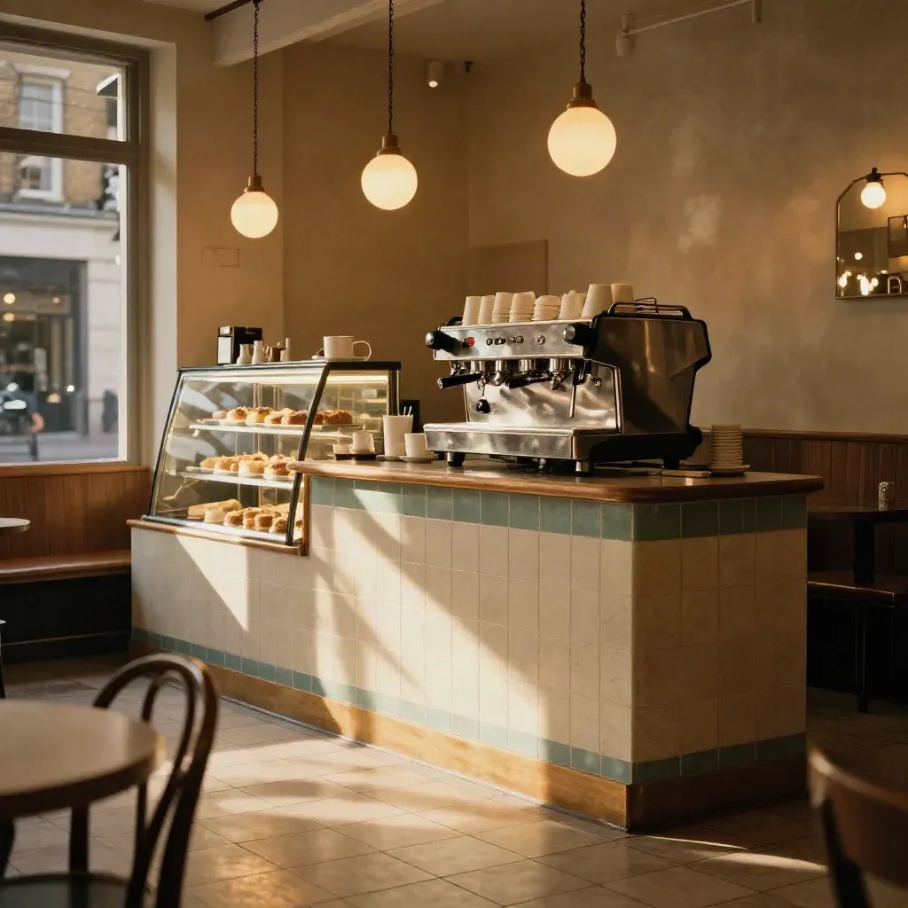 Restored café counter glowing under pendant lights, espresso machine, display case, warm tiled floor.