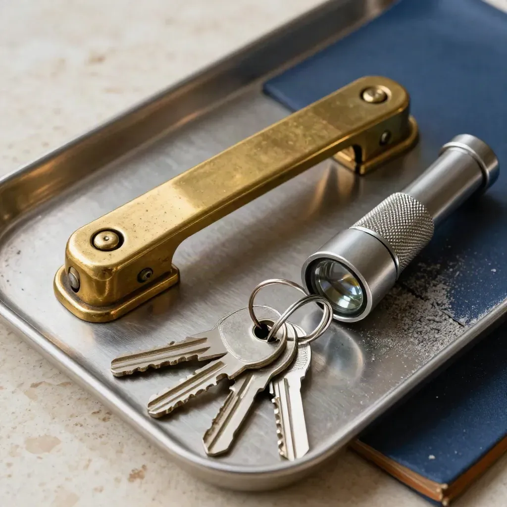 Brass door latch, inspection torch and key blanks on a steel tray, lit from above