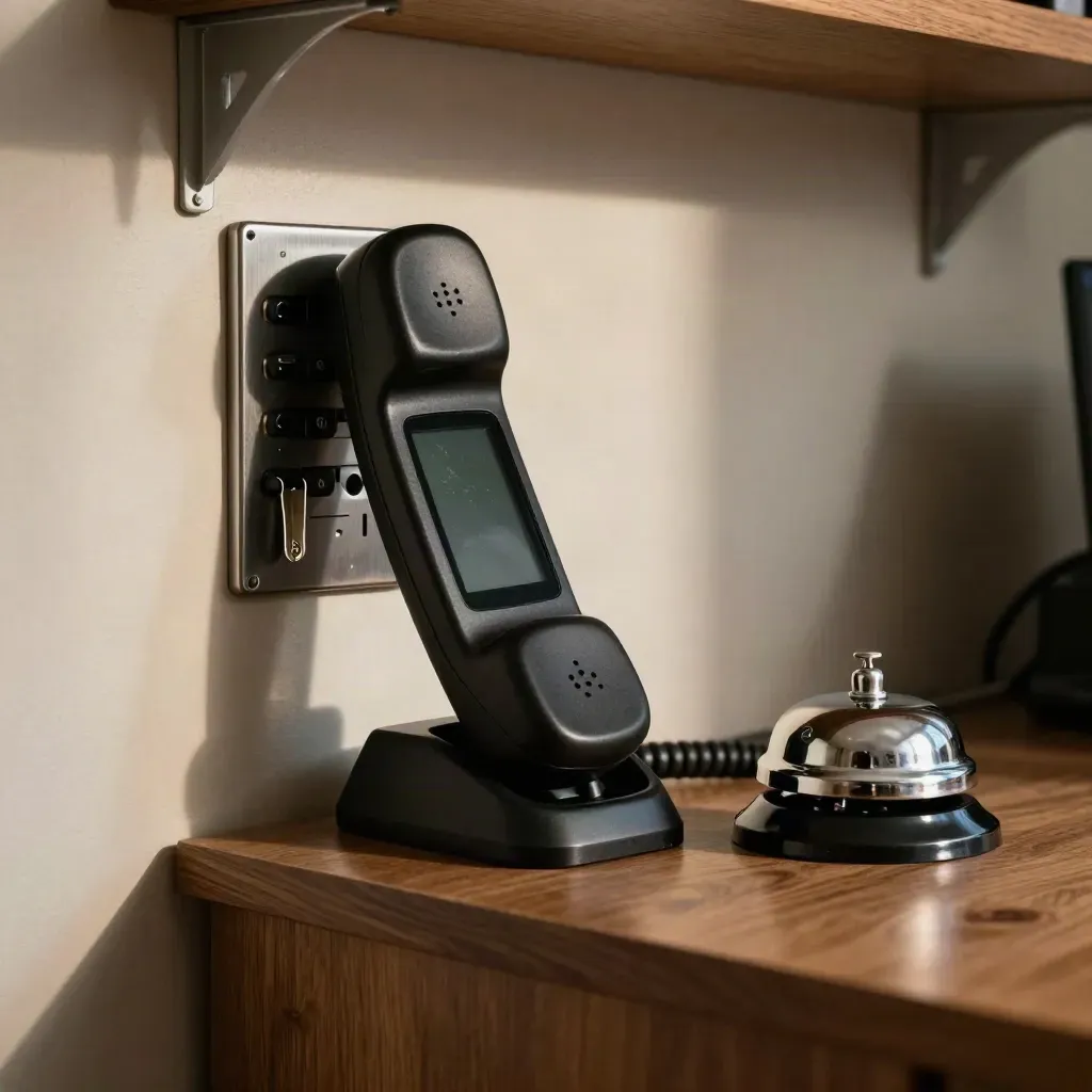Dispatch desk still life with handset dock, key fob holder and service bell in a UK office.