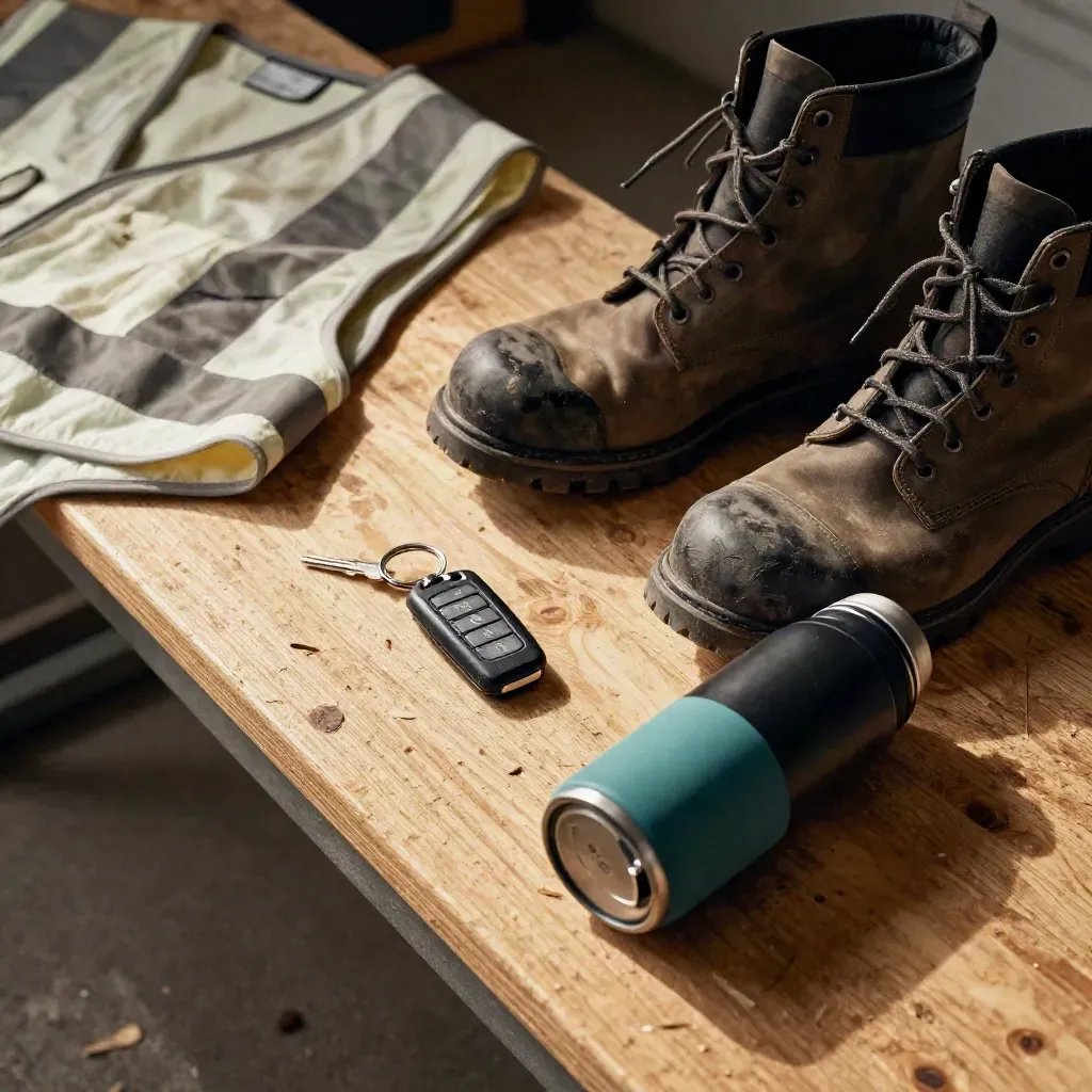 Overhead garage still life of van key fob, hi-vis vest, steel-toe boots and thermos on plywood