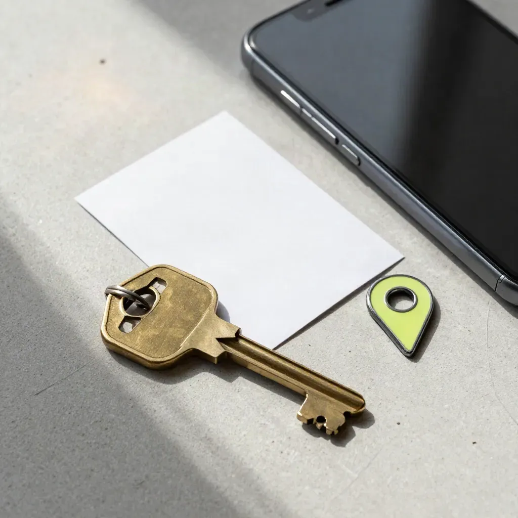 House key, blank folded card, dark phone, and lime location pin on pale concrete