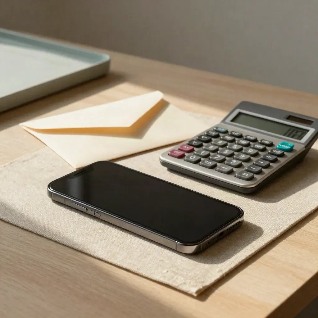 Dark-screen phone, calculator, and sealed quote envelope on linen mat with pale wood surface