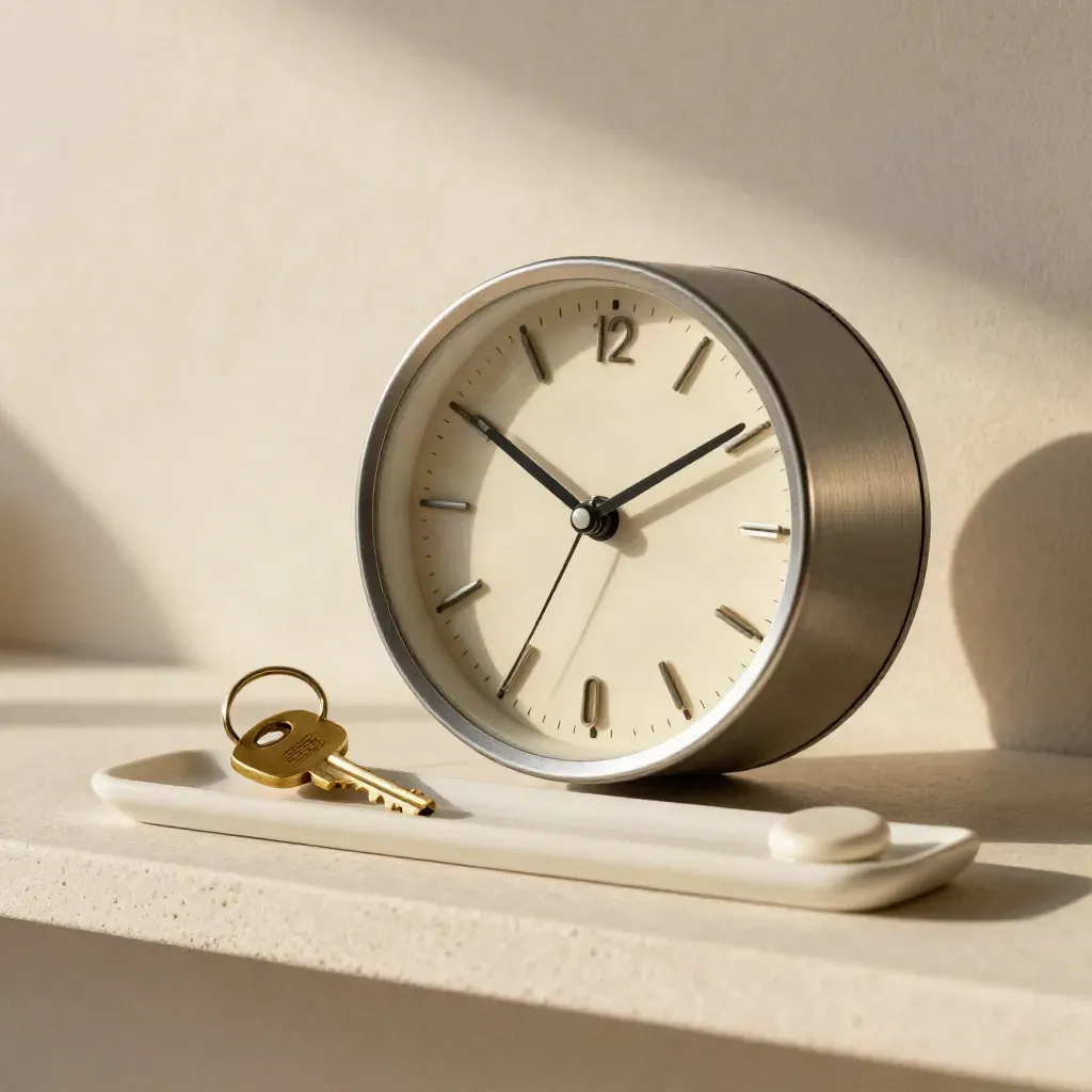 Brass key ring, desk clock and appointment tray on a pale shelf in soft morning light.