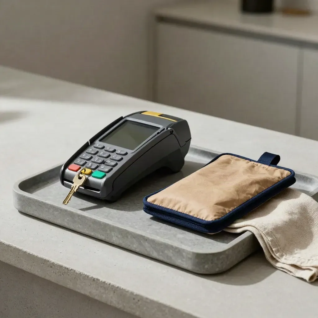 Dark payment terminal, house keys, and sealed job pouch on a stone tray