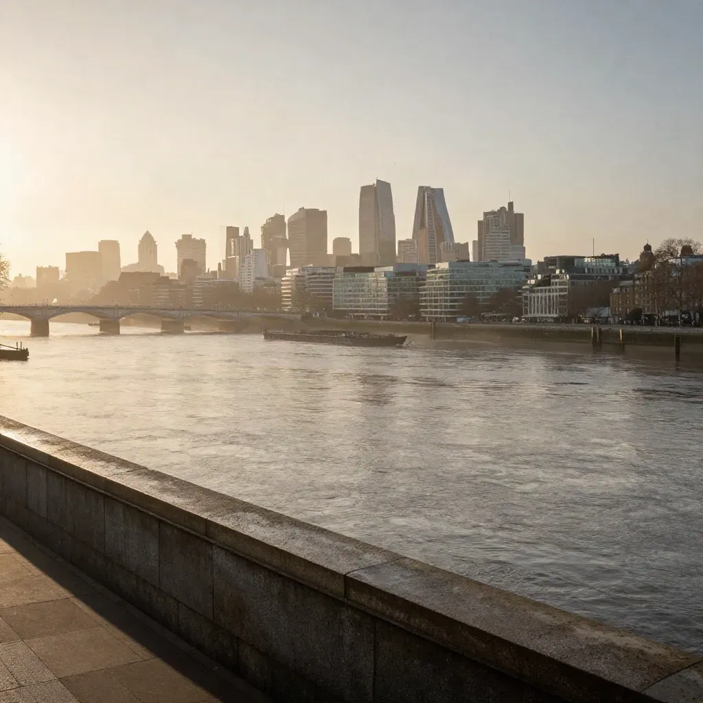 Greater London skyline over the Thames at dawn from a south-bank overlook in soft mist