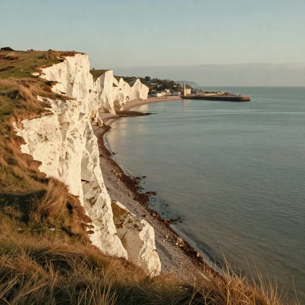 Brighton coast from a chalk cliff top at golden hour, sea haze, pier and Channel below.