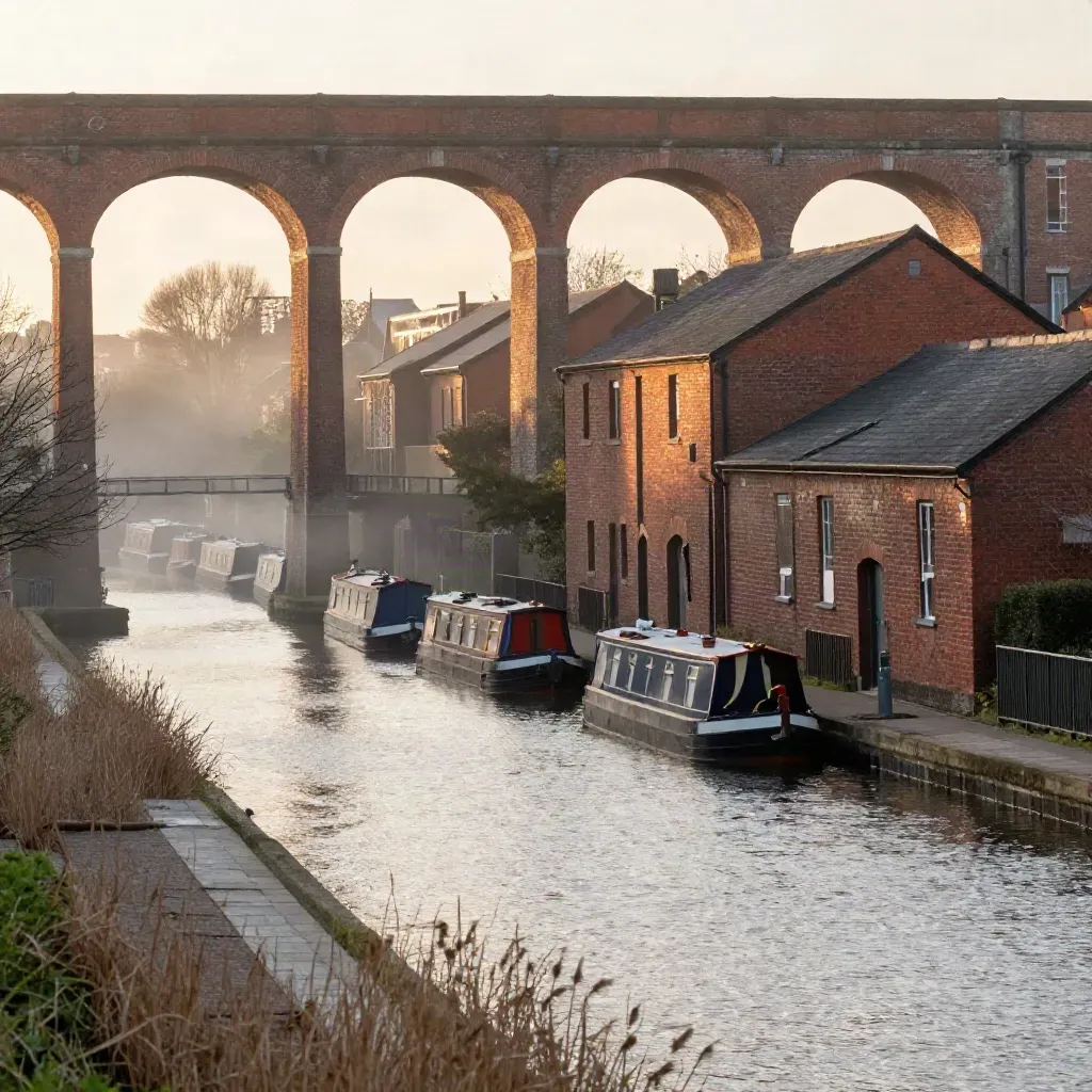 Warm dusk over a West Midlands canal basin with brick viaducts and soft mist