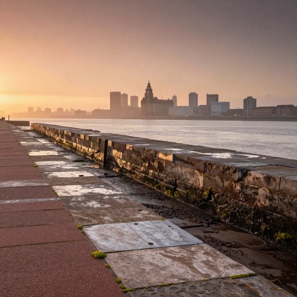 Mersey waterfront skyline in dawn haze above calm stone and water