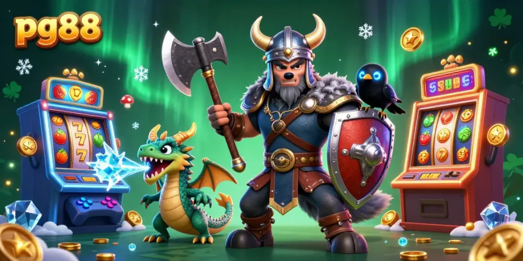 Experience thrilling slots action with pg88, featuring a Viking wolf warrior and dragon amidst colorful arcade machines.