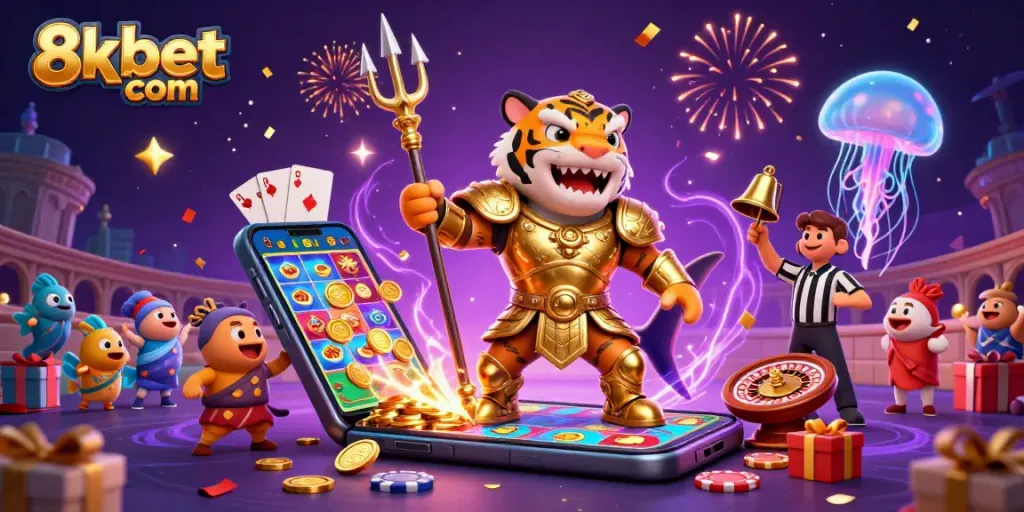 Engage with thrilling games at 8xbet com, featuring a high-energy casino scene with vibrant characters and action.