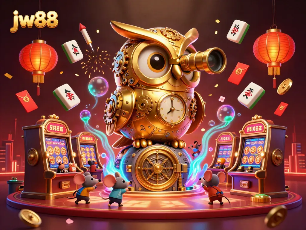 Experience the vibrant energy of jw88 casino with a golden owl and lively mouse patrons.