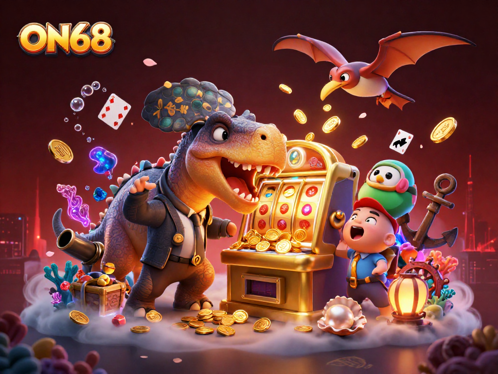 Watch ON68's pachycephalosaurus headbutt a slot machine for coins amidst a dynamic casino scene.