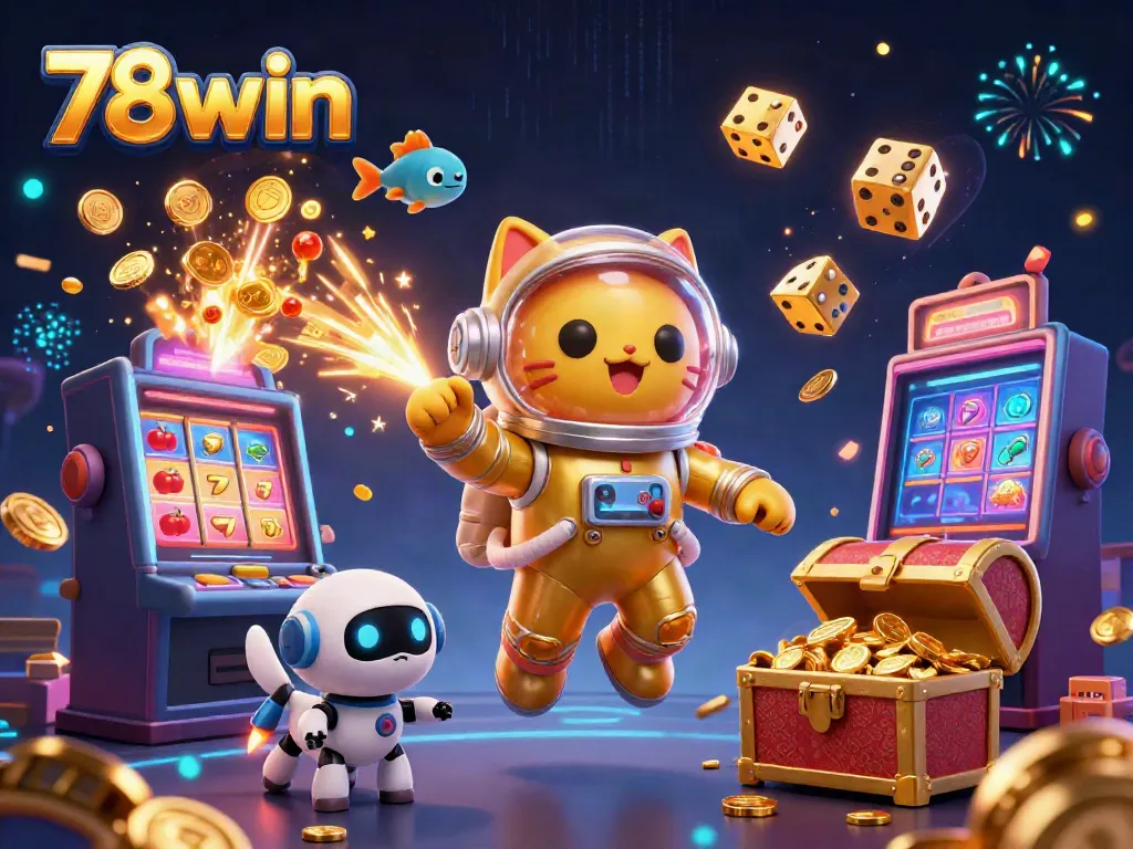 Experience thrilling jackpots with 78win's vibrant casino scene featuring lively characters and dazzling game elements.