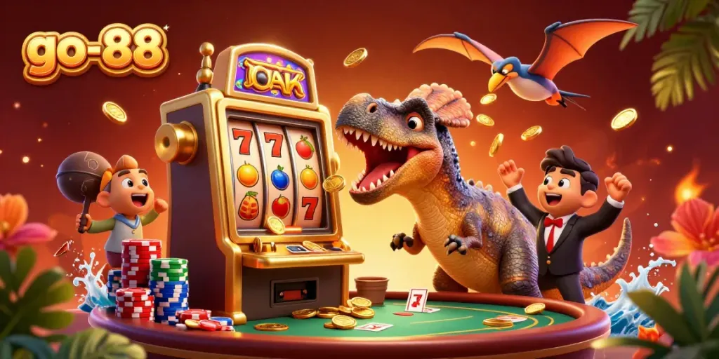 go-88 casino scene featuring a dinosaur winning jackpots at a slot machine with colorful poker elements.