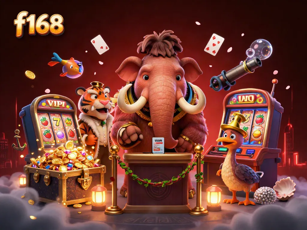 Experience f168 thrilling moments with a woolly mammoth bouncer at the casino door in this vibrant illustration.