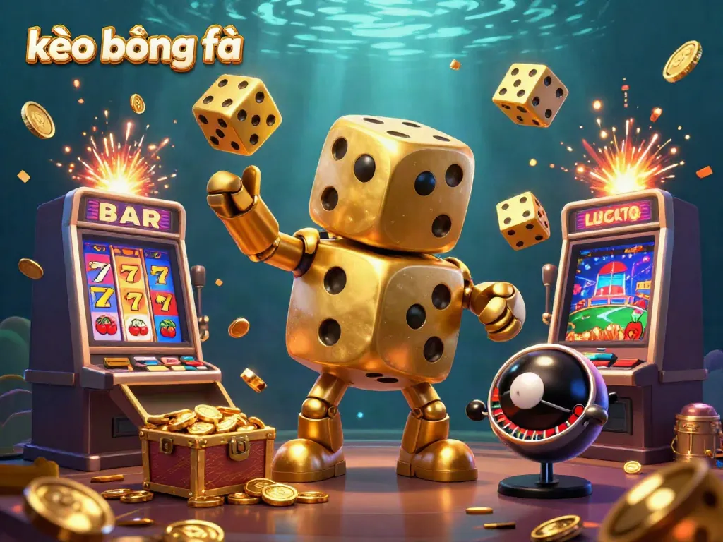 Experience the excitement of kèo bóng đá through a vibrant 3D scene with golden dice golem and dynamic slot machines.