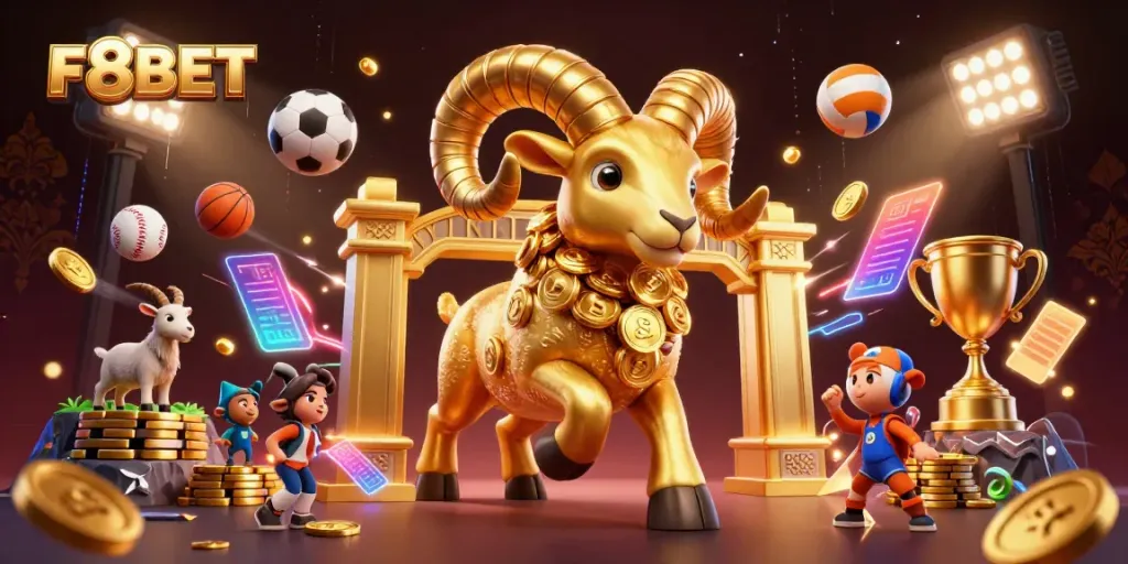 Exciting scene showcasing F8BET with a golden ram charging, surrounded by sports elements and casino features.