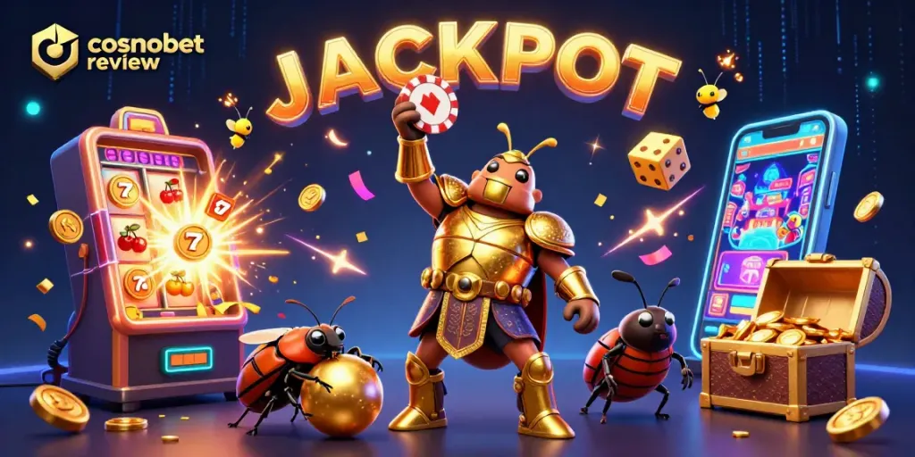 Experience the excitement of cosmobet review with vibrant casino elements and animated characters.