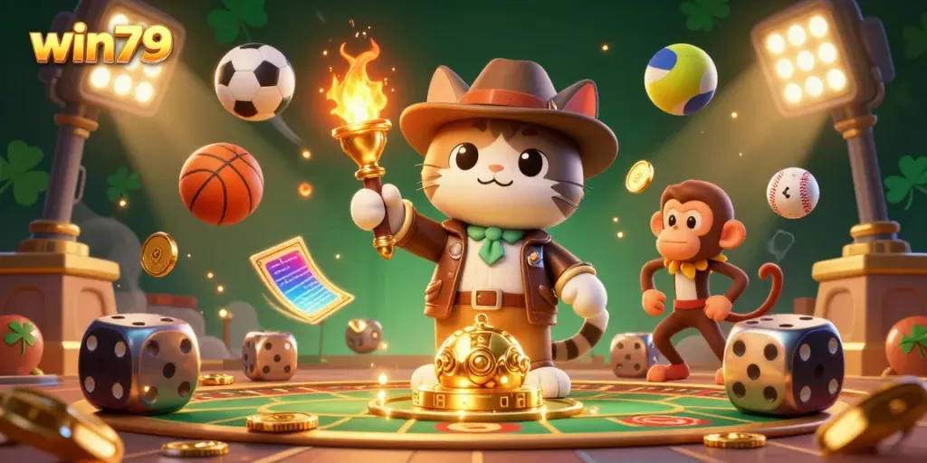 Experience thrilling gaming action with win79 as the cat explorer discovers a golden artifact in a bustling casino scene.